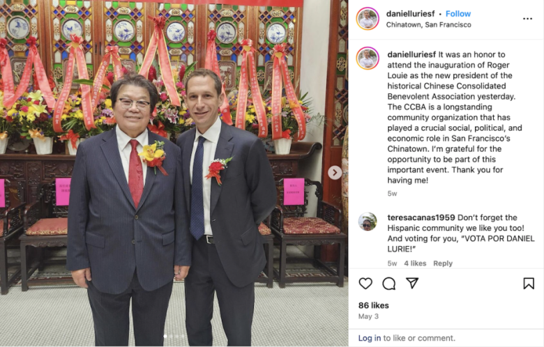 Two men in suits with flower boutonnieres stand smiling in front of a decorated wall in Chinatown, San Francisco. Text overlay indicates an inauguration event and mentions the Chinese Consolidated Benevolent Association.