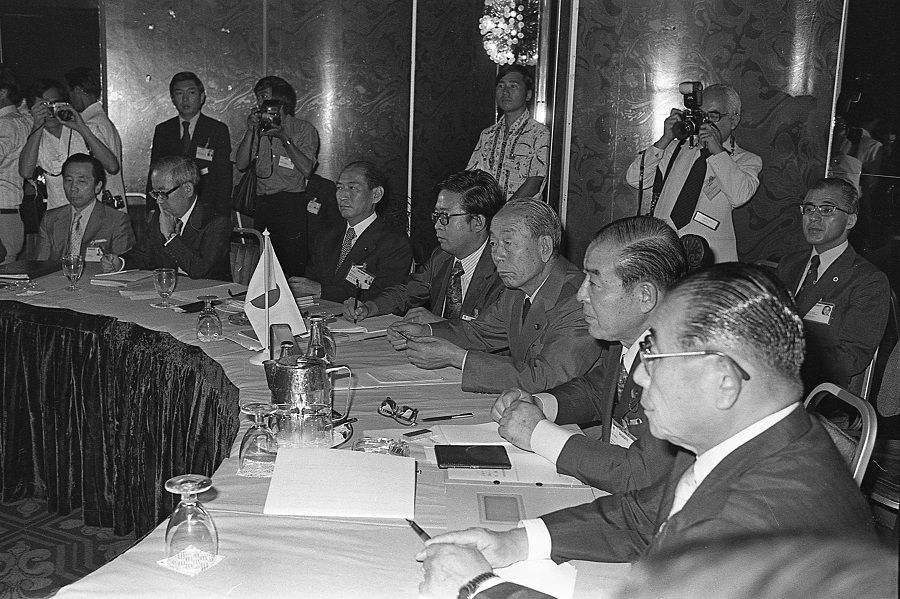 The Japanese team led by Prime Minister Takeo Fukuda (third from right) at the ASEAN Summit in Kuala Lumpur, Malaysia, 4-5 August 1977. (SPH Media)