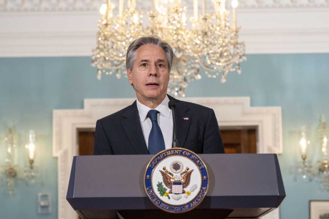 Secretary of State Antony Blinken speak during an event with Secretary of Commerce Gina Raimondo on the Economic Benefits of U.S. Travel and Tourism on Tuesday at the State Department in Washington.