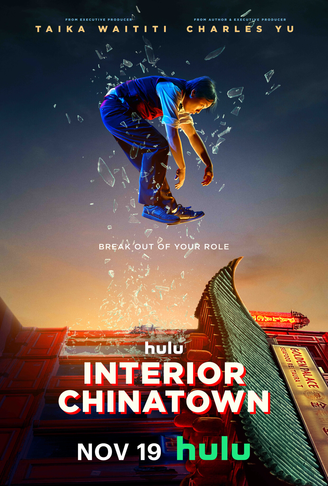 Willis Wu (Jimmy O. Yang) breaking through glass in a poster for "Interior Chinatown."