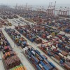 Shipping containers are seen ready for transport at the Guangzhou Port in the Nansha district in southern China's Guangdong province in April 2025.
