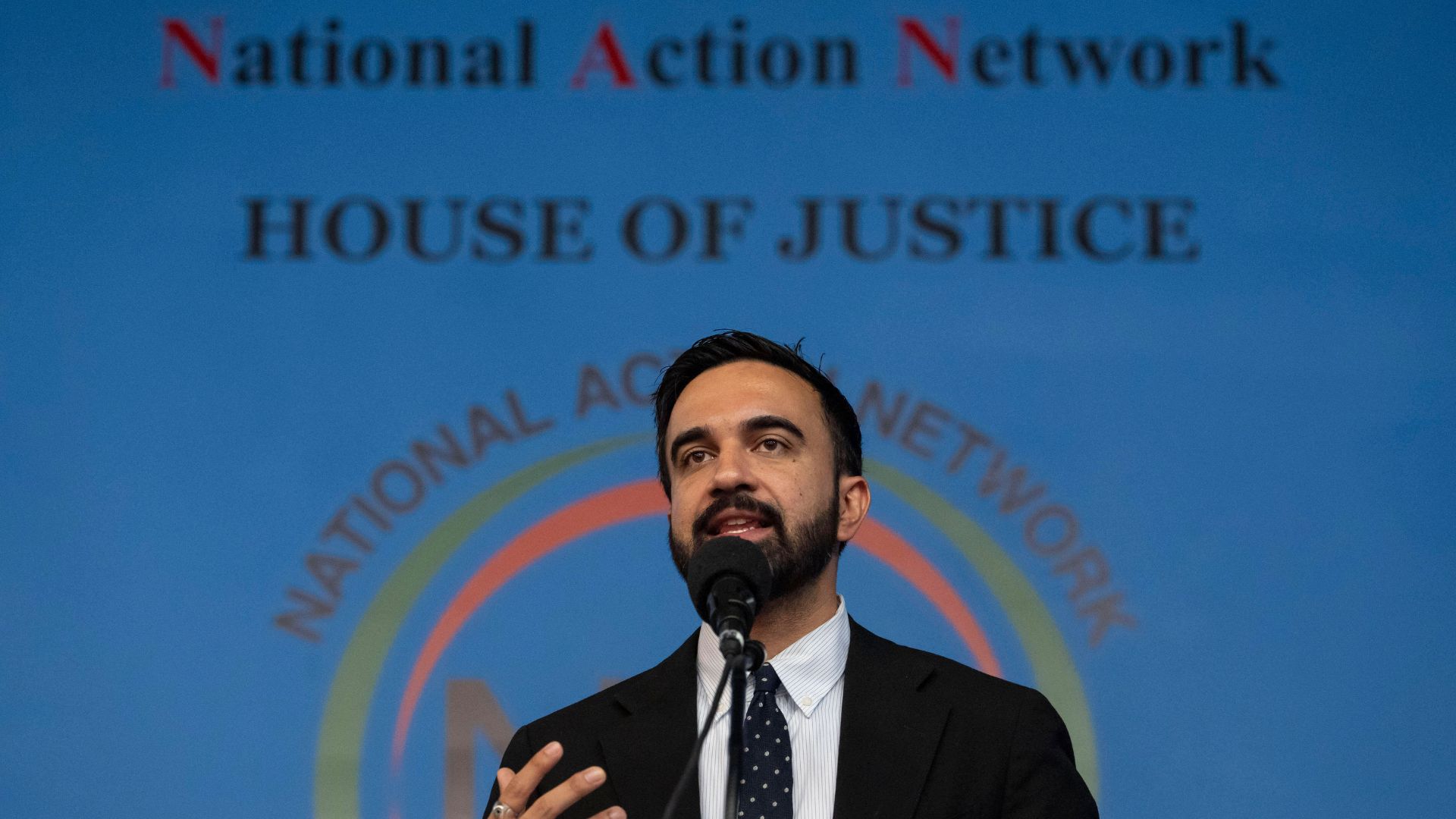 Democratic mayoral candidate Zohran Mamdani speaks during the National Action Network's Saturday action rally at House of Justice in Harlem, Saturday, June 28, 2025, in New York.